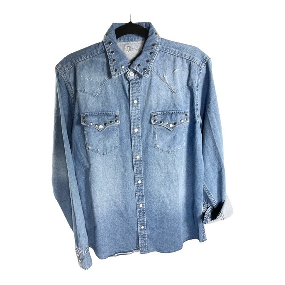 Denim Button Down Shirt Long Sleeve Bad Choices Make Good Stories Western Sz M - Picture 4 of 10